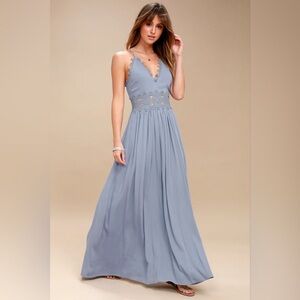 🪻 LULUs This is Love Slate Blue Lace Maxi Dress. Size MEDIUM. Great Condition!